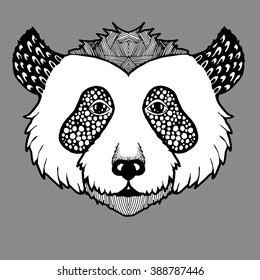 Portrait of a panda. Bear Head. Decorative. Stylized. Line art. Black and white drawing by hand. Tattoo. Graphic arts.