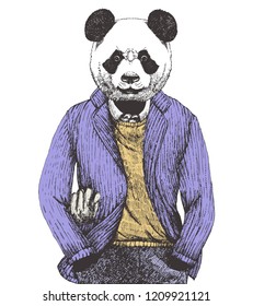 Portrait of Panda dressed up in sweater and jacket, hand-drawn illustration, vector