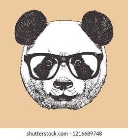 Portrait of Panda with glasses, hand-drawn illustration, vector