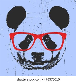Portrait of Panda with glasses. Hand-drawn illustration. T-shirt design. Vector