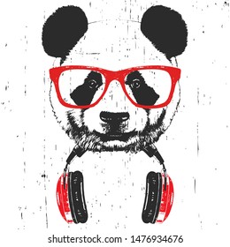 Portrait of Panda with glasses and headphones. Hand-drawn illustration. Vector