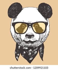 Portrait of Panda with glasses and scarf, hand-drawn illustration, vector