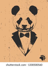 Portrait of Panda in suit. Hand drawn illustration. Vector