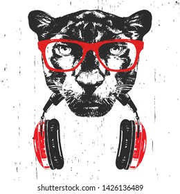 Portrait of Panther with glasses and headphones. Hand-drawn illustration. T-shirt design. Vector