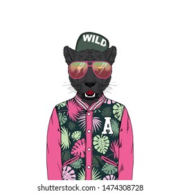 Portrait of Panther man dressed up in bomber jacket sunglasses and cap. Anthropomorphic urban fashion wild cat animal illustration. City Hipster Black Leopard.