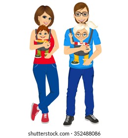 portrait of parents holding their children with baby carrier isolated on white background
