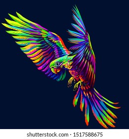 Portrait of a parrot in flight. Abstract, multi-colored image on a dark blue background.