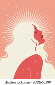 Portrait of a peaceful woman in profile. A face of a serene fashion model. Sunshine. Retreat. Yoga. Avatar for social media. Vector illustration in flat style