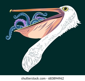 Portrait of a Pelican with an open beak and tentacles of an octopus in it.