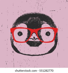 Portrait of Penguin with glasses. Hand drawn illustration. Vector
