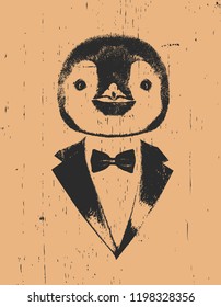 Portrait of Penguin in suit, hand-drawn illustration, vector