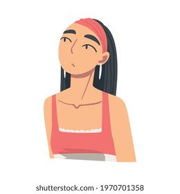 Portrait of Pensive Brunette Girl Looking Up Cartoon Vector Illustration