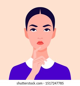 Portrait of a pensive girl. Avatar of a serious schoolgirl. Vector flat illustration