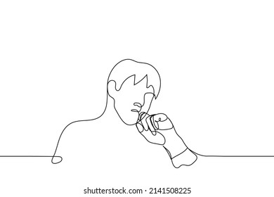 portrait pensive man and hand near his face    one line drawing vector  concept thoughtfulness  reflection  suspicion