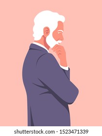 Portrait of a pensive man in profile. An elderly businessman is meditating. Problems in business. Vector flat illustration