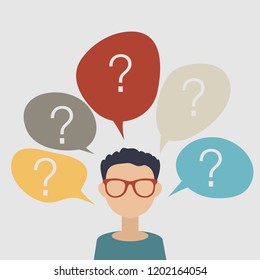Portrait of pensive man standing under question marks. Thinking about future. Having many thoughts or questions. FAQ concept. Life change. Doubt. Vector isolated illustration. 