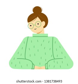 Portrait of a pensive young woman in glasses and sweater. Avatar cute funny girl. Vector illustration, character.