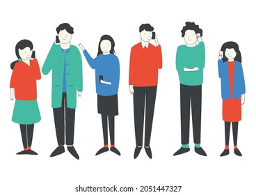 Retrato de personas que llaman ilustración plana vectorial. Aislados hombres y mujeres de diferentes edades. Unidos de varias generaciones. Diversidad social o población. 