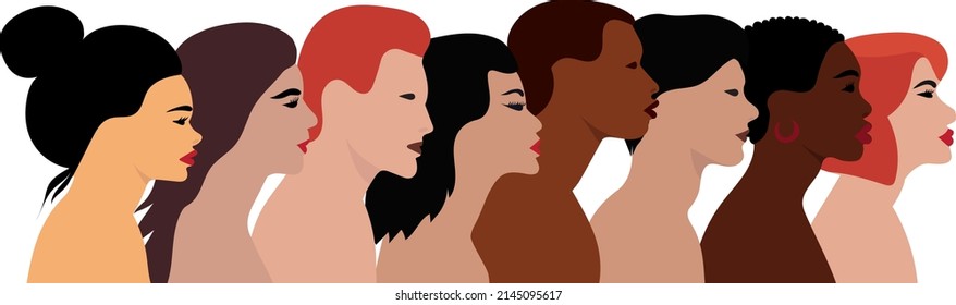 portrait of people of different nationalities in profile flat design, isolated, vector