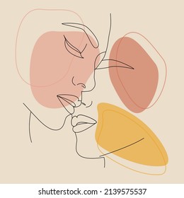 Portrait of people with a line. Continuous one line. A kiss of two lovers. Newlyweds people kiss each other.