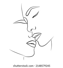 Portrait of people with a line. Continuous one line. A kiss of two lovers. Newlyweds people kiss each other.