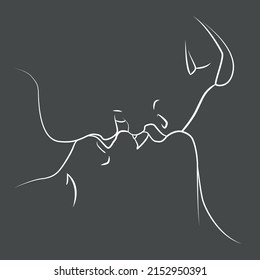 Portrait of people with a line. Continuous one line. A kiss of two lovers. Newlyweds people kiss each other