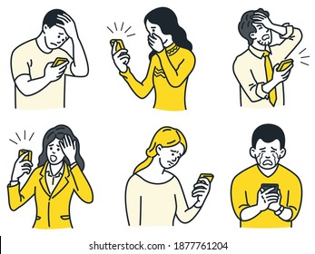 Portrait Of People, Man And Woman, Holding And Looking At Smartphone With Negative Emotion Expression, Sad, Unhappy, Crying, Shocked, Disappointed, Displeased. Outline, Linear, Thin Line Art.