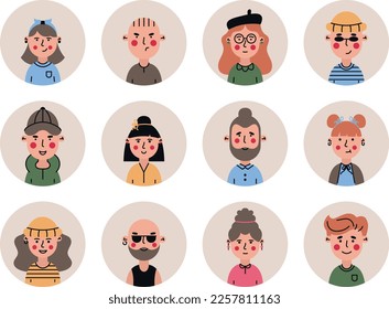 Portrait of People. A set of avatars of young people in flat style. Round user avatars.