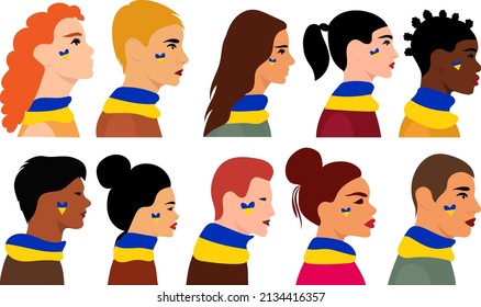 portrait of people with a yellow-blue heart and the flag of Ukraine on their necks.The concept of support for Ukraine, vector