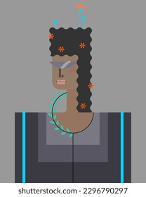 Porträt einer Person mit einem afro-Friseur in einem futuristischen Anzug, Science-Fiction-Brille und Blumen in ihrem Haar. Cartoon-Charakter im psychedelischen Stil. Hippie der Zukunft. Retro Futurismus Konzept.