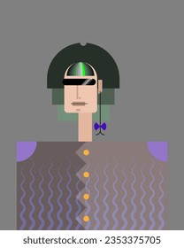 Portrait of a person in a futuristic suit and a green hairstyle, sci-fi glasses and butterfly earring. Cartoon character in a psychedelic style. The hippie of the future. Retro futurism concept.