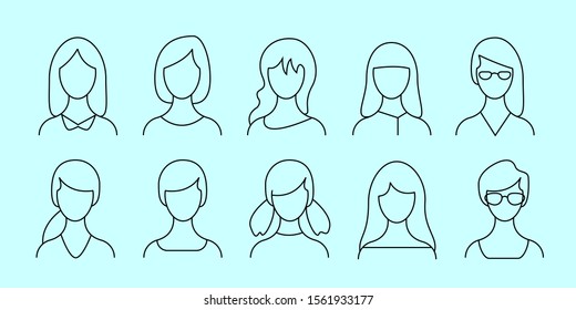 Portrait or Person Head. Female Face Various Types Signs Thin Line Icon Set Include of Avatar User, Vector illustration