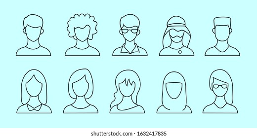 Portrait or Person Head. male and Female Face Various Types Signs Thin Line Icon Set Include of Avatar User, Vector illustration