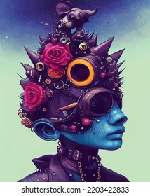 portrait of a person with a mask, portrait of a masked person, elephant with roses and flowers on his head, someone from a different planet 