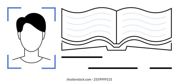 Portrait of a person next to an open book which is augmented by lines and shapes indicating text or information. Ideal for digital identity, education, learning, personal information, biography