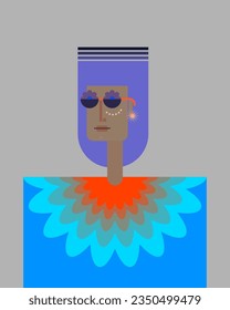 Portrait of a person with a violet Afro hairstyle, in a tie-dye suit, flowers and sci-fi glasses. Cartoon character in a psychedelic style. The hippie of the future. Retro futurism concept.