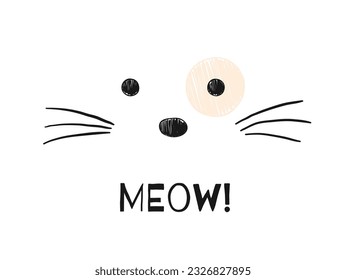 Portrait of pet drawn by hand. Isolated cat face on white background