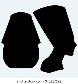 Portrait of Pharaoh and Nefertiti. Isolated on blue background. Vector silhouettes