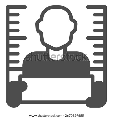 Portrait photo of bandit man solid icon, police force concept. Vector graphics. Man at ruler with plank, law and order sign on white background, glyph style icon for mobile or web design