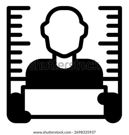Portrait photo of bandit man solid icon, police force concept. Vector graphics. Man at ruler with plank, law and order sign on white background, glyph style icon for mobile or web design