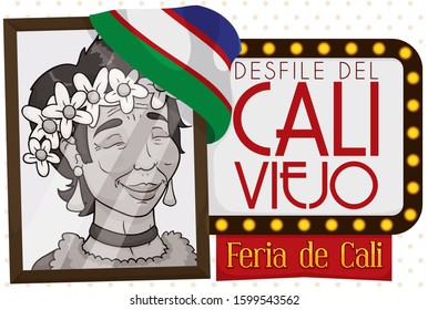 Portrait with photo of elegant Jovita character, Cali's flag and cinema sign promoting Cali Viejo parade during the Feria de Cali events (texts written in Spanish).