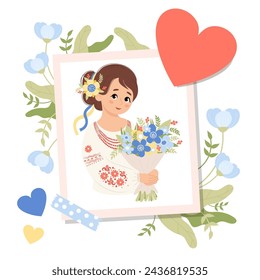 Portrait photo with Ukrainian girl in traditional national embroidered shirt with bouquet flowers. Cute female character for design festive birthday, Mother's day, Women's day. Vector illustration