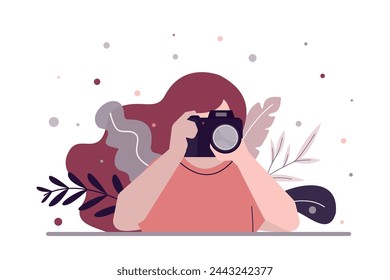 Portrait of photographer woman at work. Photo equipment. Female character with camera. Studio photography. Woman freelancer, artist close up view. Cartoon flat vector illustration