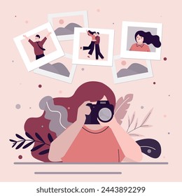 Portrait of photographer woman at work. Photo equipment. Female character with camera. Studio photography. Woman freelancer, artist close up view. Cartoon flat vector illustration