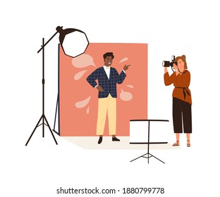 Portrait photography backstage. Female photographer taking photo or shooting African American man posing in studio with professional pulse light. Flat vector illustration isolated on white background