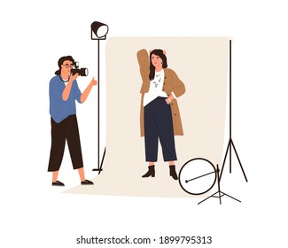 Portrait photography backstage. Female photographer taking photo or shooting professional model posing in studio with professional pulse light. Flat vector illustration isolated on white background