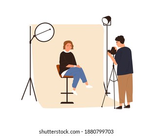 Portrait photography backstage. Male film photographer taking photo or shooting woman posing in studio with professional pulse light. Colored flat vector illustration isolated on white background