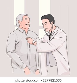 Portrait of Physician Doctor is Examining Physical Symptom of Senior Patient in Examination Room, Practitioner Doctor Using Stethoscope to Health Checkup for Elder Old Man, Healthcare and occupation