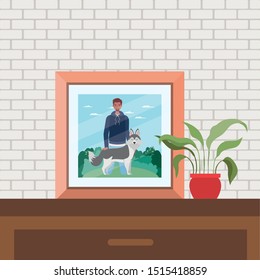 portrait with picture of man with dog mascot scene
