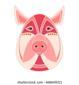 Portrait of a pig .Animal portrait  made in geometrical flat style. Isolated icons. 
 The idea for the logo , calendar , individual design .